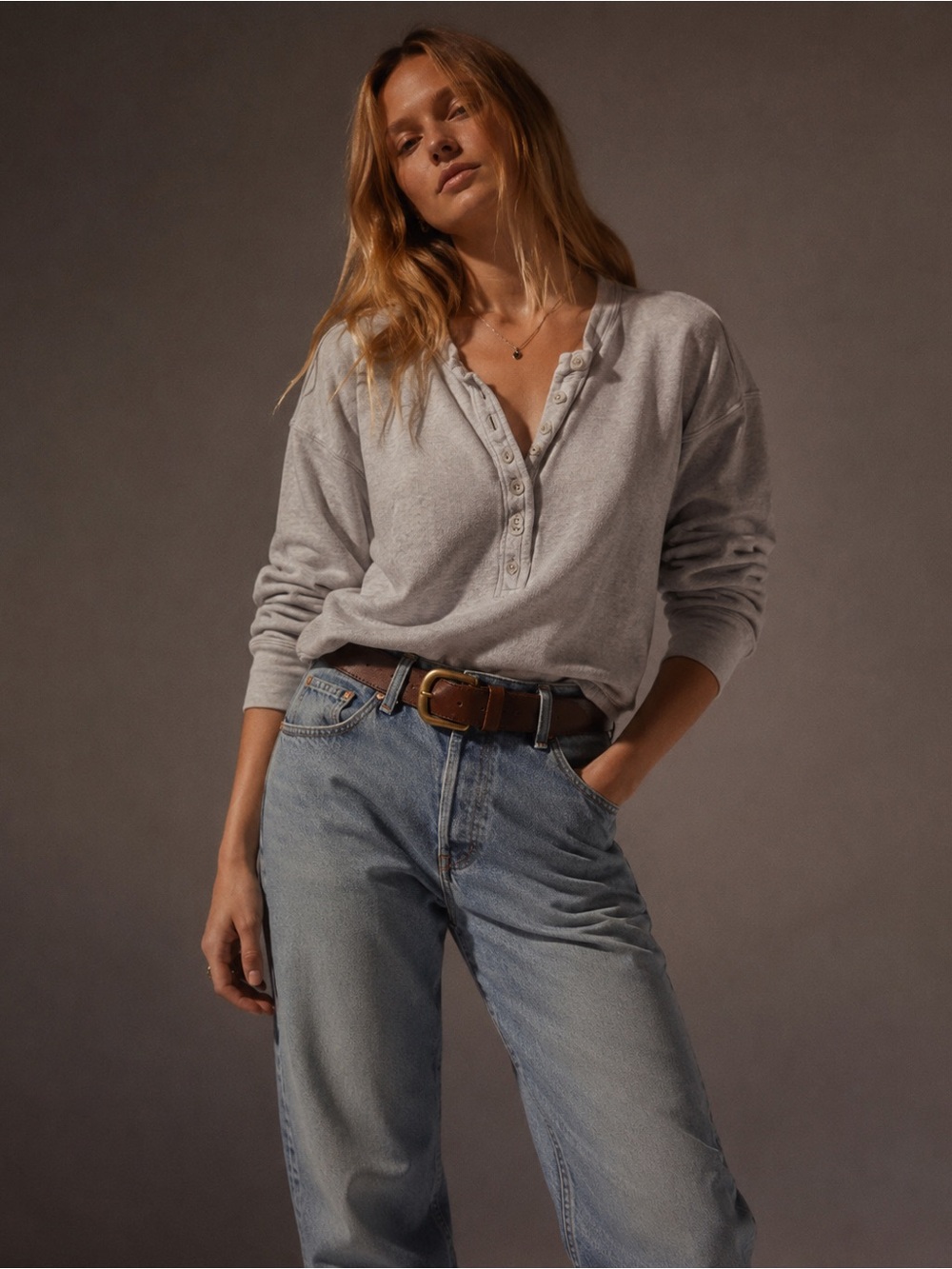 Citizens of Humanity 100% Cotton Heather Grey Henley Sweatshirt | Medium